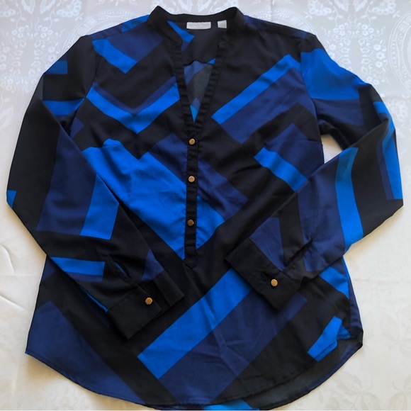 New York & Company Women’s Blue/Black Blouse Size M V-Neck Long Sleeves Shirt - Picture 9 of 16